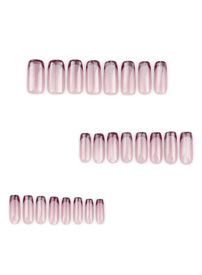 TOGZOM Red French Tip Press On Nails - Medium Square, Cat Eye Acrylic, Glossy Ombre, Shiny Glitter, Squoval Artificial, Xmas Stick On Nails for Women & Girls - 24 Pcs - Image 5